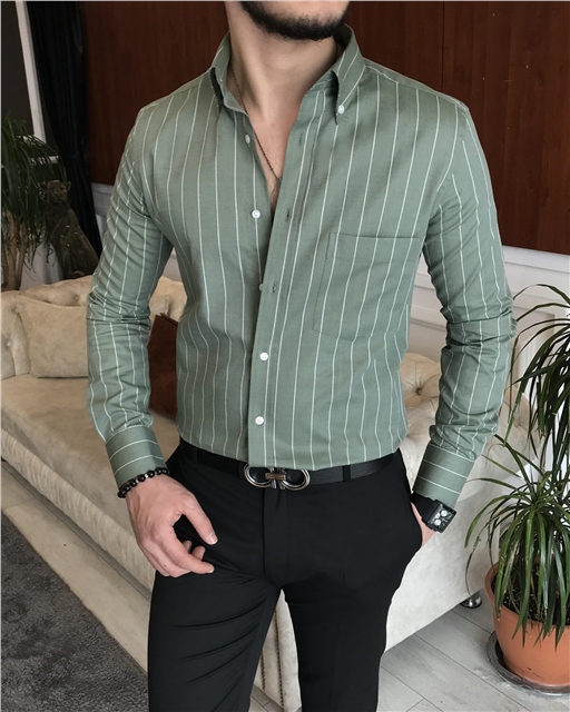 İtalyan stil slim fit erkek pamuklu dik yaka gömlek yeşil T7126