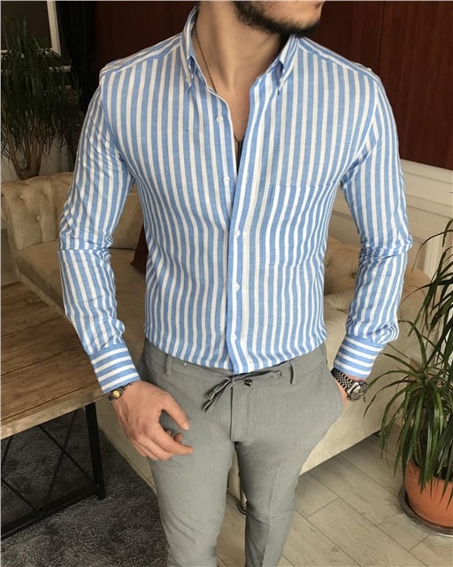 İtalyan stil slim fit erkek pamuklu dik yaka gömlek mavi T7128