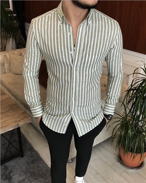 İtalyan stil slim fit erkek pamuklu dik yaka gömlek yeşil T7129