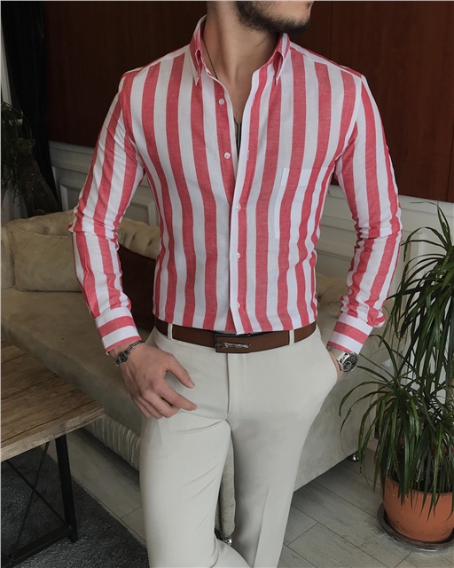 İtalyan stil slim fit erkek pamuklu dik yaka gömlek kırmızı T7122