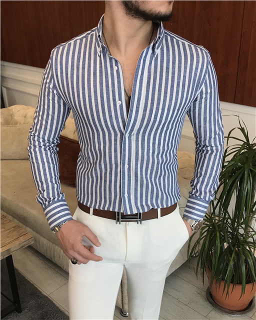 İtalyan stil slim fit erkek pamuklu dik yaka gömlek lacivert T7127