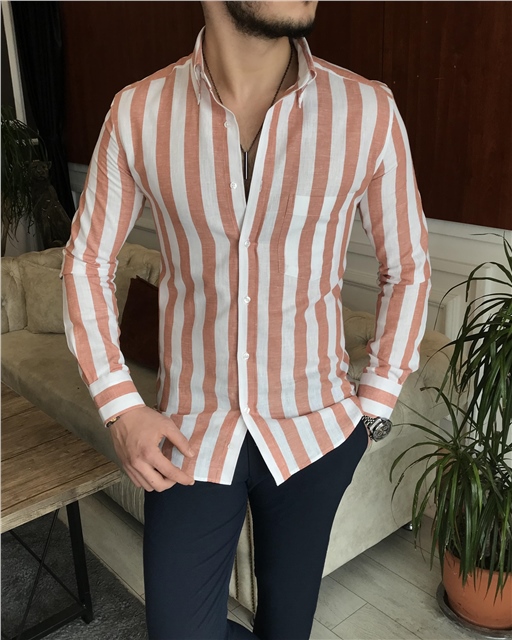İtalyan stil slim fit erkek pamuklu dik yaka gömlek turuncu T7121