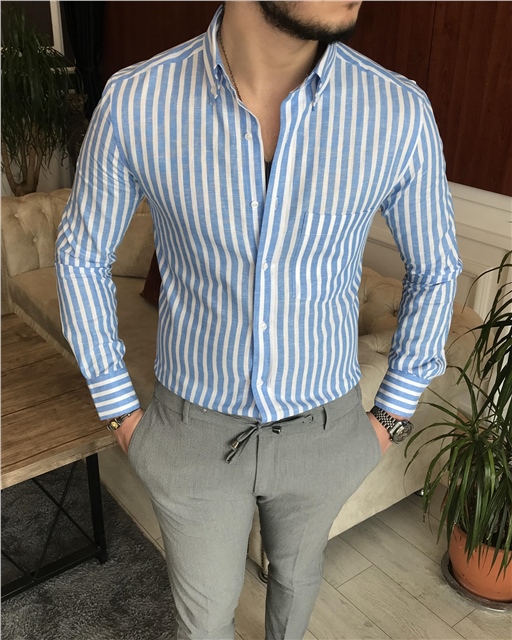 İtalyan stil slim fit erkek pamuklu dik yaka gömlek mavi T7128