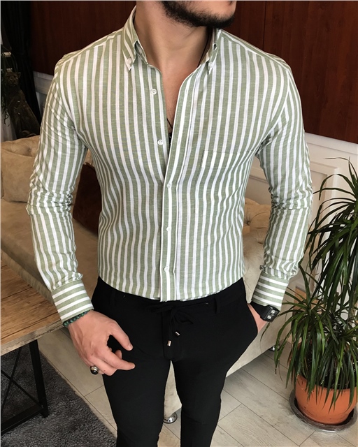 İtalyan stil slim fit erkek pamuklu dik yaka gömlek yeşil T7129