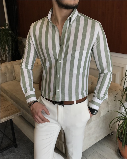 İtalyan stil slim fit erkek pamuklu dik yaka gömlek yeşil T7120