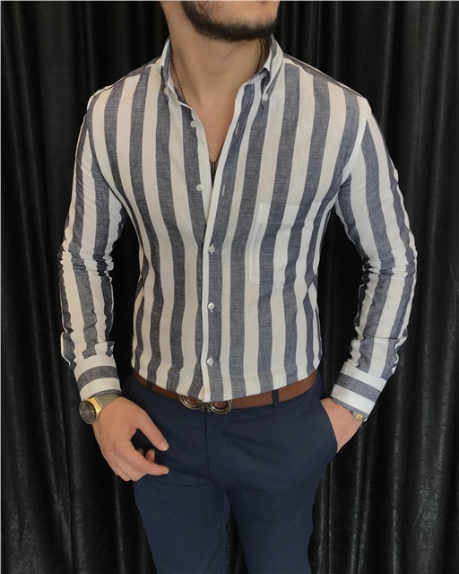 İtalyan stil slim fit erkek pamuklu dik yaka gömlek lacivert T7119