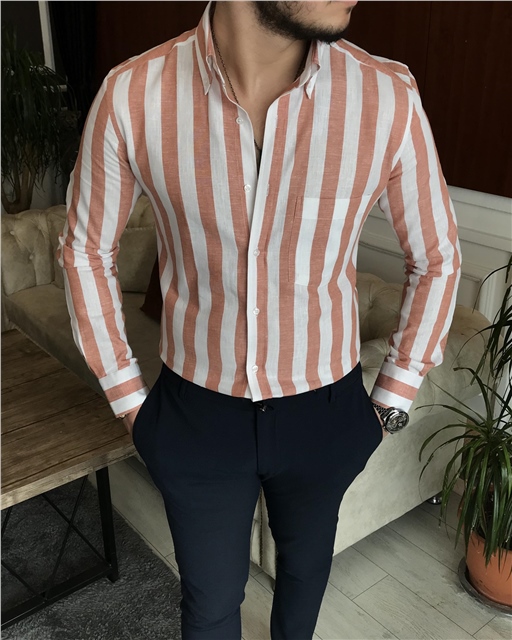 İtalyan stil slim fit erkek pamuklu dik yaka gömlek turuncu T7121