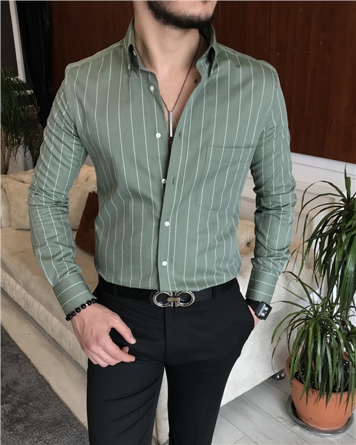 İtalyan stil slim fit erkek pamuklu dik yaka gömlek yeşil T7126
