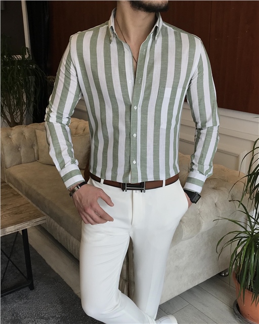 İtalyan stil slim fit erkek pamuklu dik yaka gömlek yeşil T7120