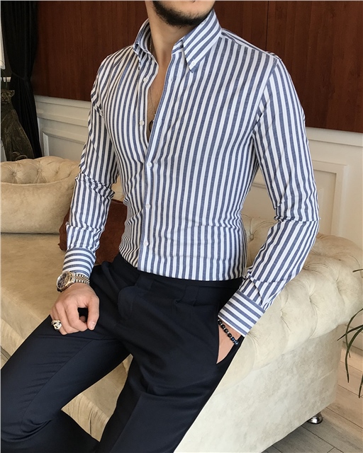 İtalyan stil slim fit erkek pamuklu dik yaka gömlek lacivert T7127
