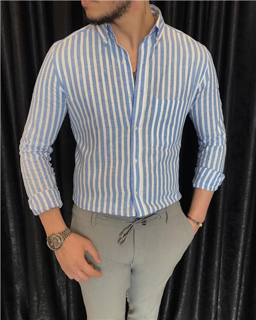 İtalyan stil slim fit erkek pamuklu dik yaka gömlek mavi T7128