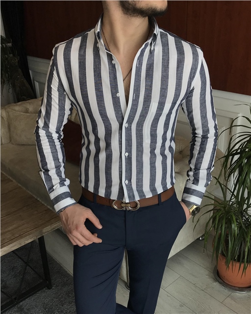 İtalyan stil slim fit erkek pamuklu dik yaka gömlek lacivert T7119