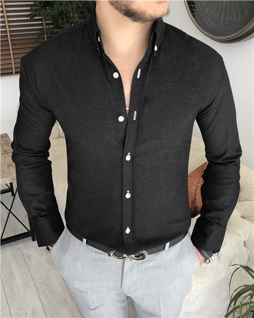 İtalyan stil slim fit erkek pamuklu gömlek Siyah T8048
