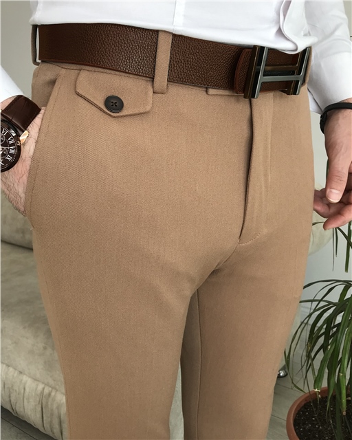İtalyan stil slim fit erkek pantolon camel T8029