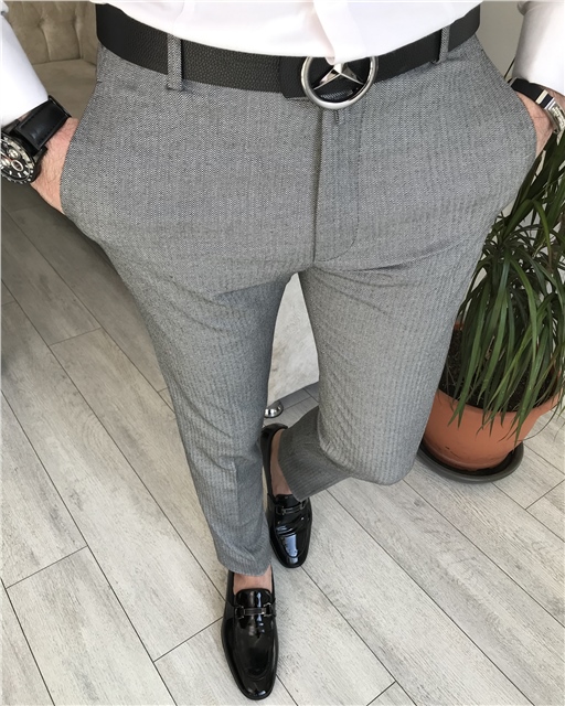 İtalyan stil slim fit erkek pantolon Gri T8302