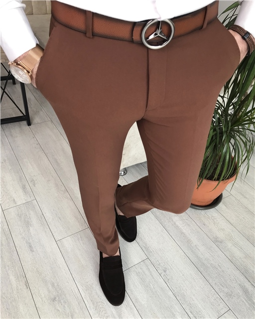 İtalyan stil slim fit erkek pantolon Kahverengi T7459