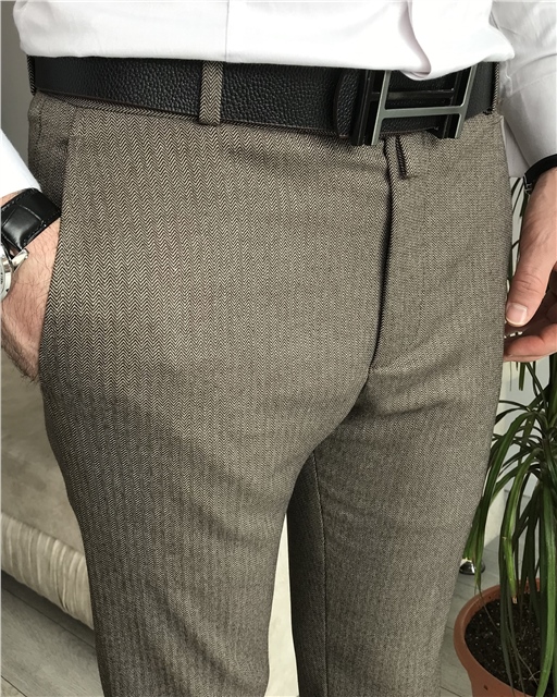 İtalyan stil slim fit erkek pantolon Kahverengi T8303