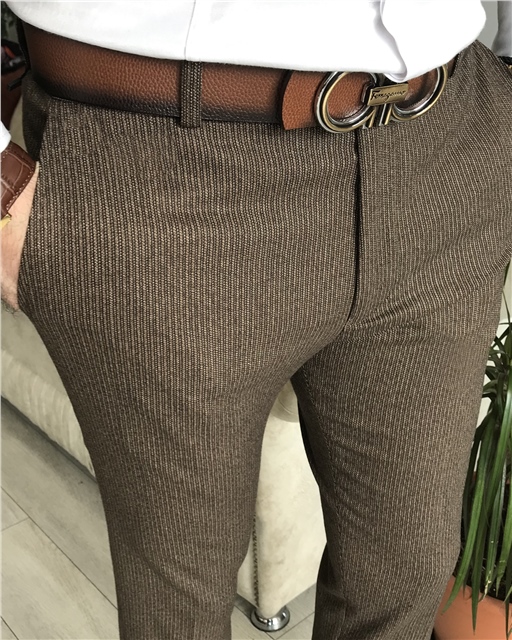 İtalyan stil slim fit erkek pantolon Kahverengi T8011
