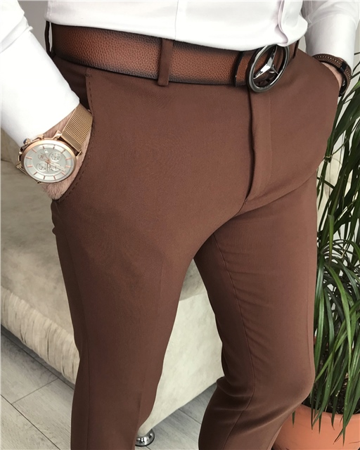 İtalyan stil slim fit erkek pantolon Kahverengi T7459