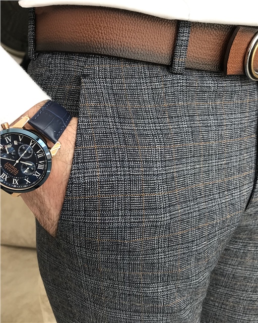 İtalyan stil slim fit erkek pantolon Mavi T8271