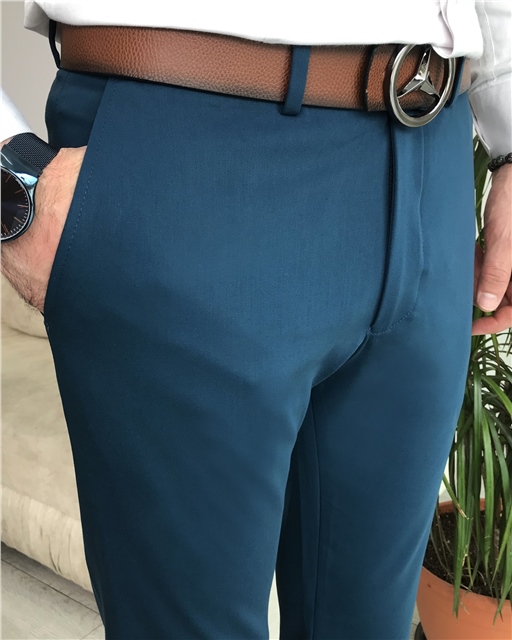 İtalyan stil slim fit erkek pantolon Petrol T7896