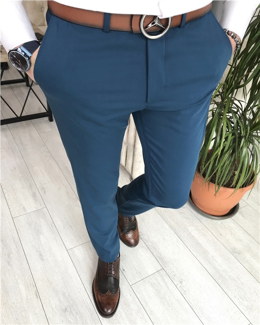 İtalyan stil slim fit erkek pantolon Petrol T7896