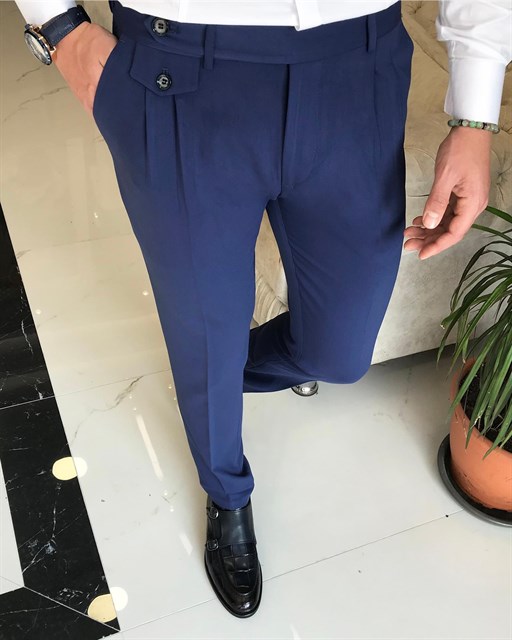 Italian Style Slim Fit Men's Pleated Fabric Trousers Navy T8850