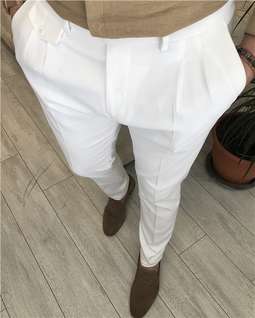 İtalyan stil slim fit erkek pileli kumaş pantolon Beyaz T5290