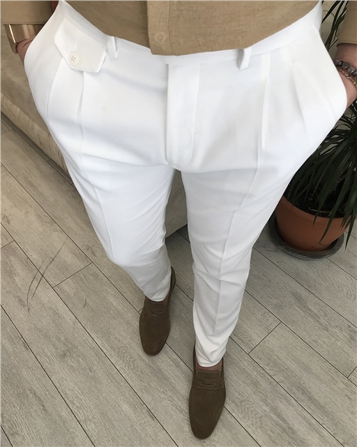 İtalyan stil slim fit erkek pileli kumaş pantolon Beyaz T5290