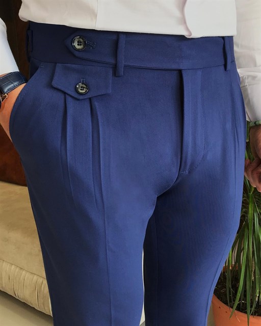 Italian Style Slim Fit Men's Pleated Fabric Pants Blue T8848