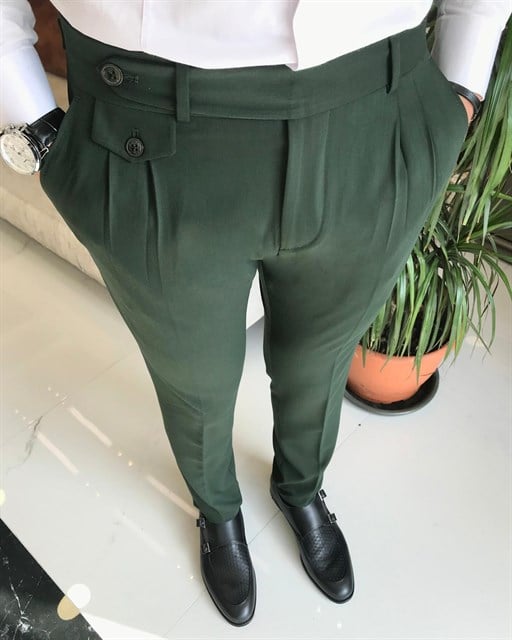 Italian Style Slim Fit Men's Pleated Fabric Pants Green T8847
