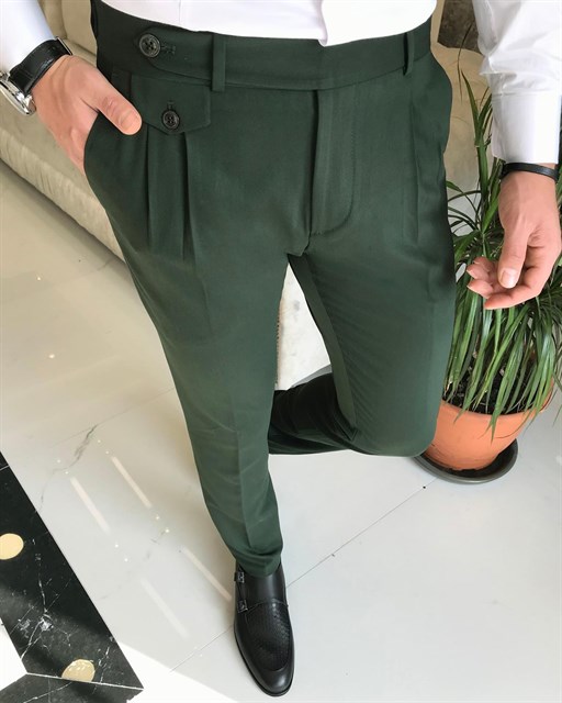 Italian Style Slim Fit Men's Pleated Fabric Pants Green T8847