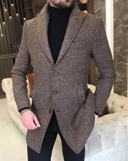 Italian style slim fit men's pointed collar wool blend coat Brown T9152