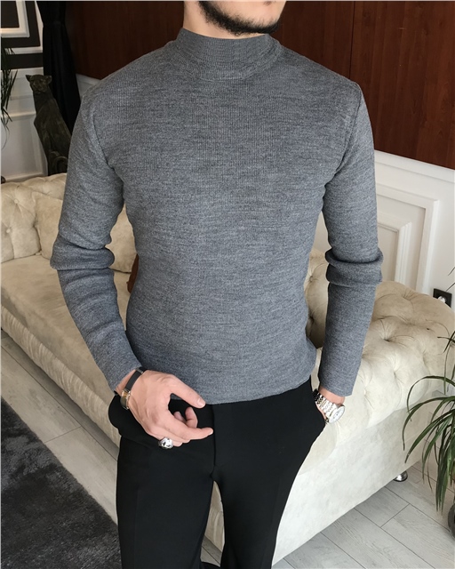 İtalyan stil slim fit erkek yarım balıkçıl yaka triko kazak Gri T6436
