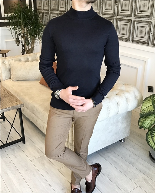 İtalyan stil slim fit erkek yarım balıkçıl yaka triko kazak Koyu Lacivert T5213