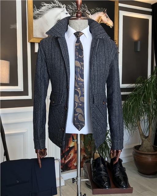 İtalyan stil slim fit erkek yün mont ceket Lacivert T6841