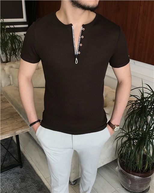 İtalyan stil slim fit fermuarlı kısa kollu pamuk triko tişört Kahverengi T7420