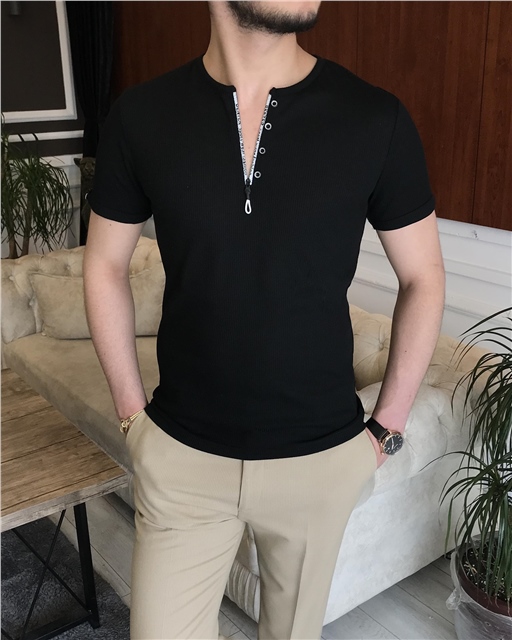 İtalyan stil slim fit fermuarlı kısa kollu pamuk triko tişört Siyah T7418