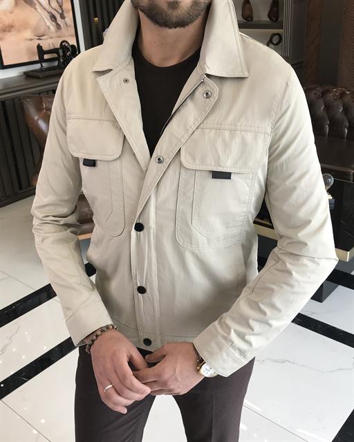 Italian style slim fit shirt collar men's coat beige T9603
