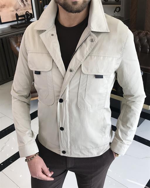 Italian style slim fit shirt collar men's coat beige T9603