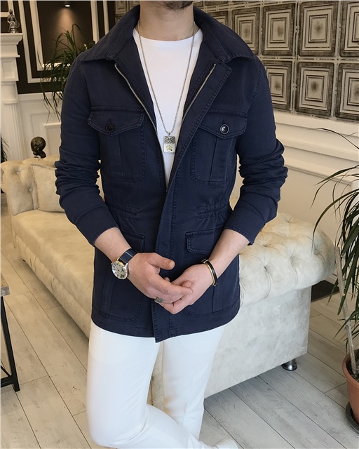 İtalyan stil slim fit ilkbahar yaz safari günlük ceket mont Lacivert T5321