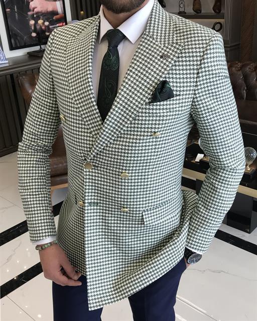 Italian style slim fit crowbar pattern double-breasted men's jacket green T9539