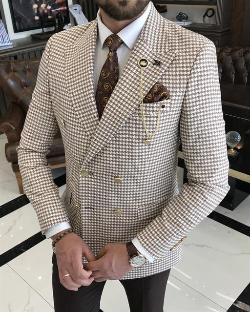 Italian style slim fit crowbar pattern double-breasted men's jacket brown T9540