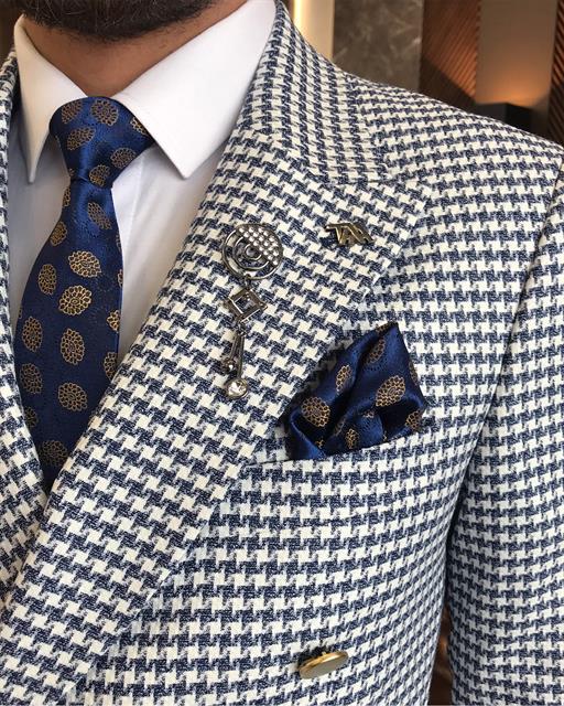 Italian style slim fit crowbar pattern double-breasted men's jacket navy blue T9538