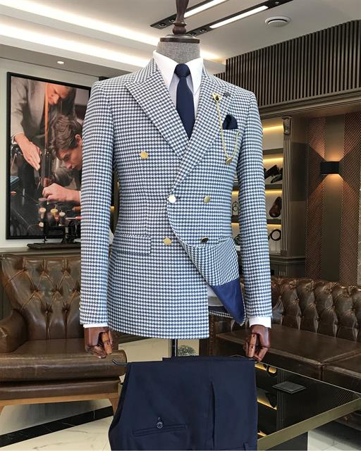 Italian style slim fit crowbar pattern double-breasted men's jacket navy blue T9538