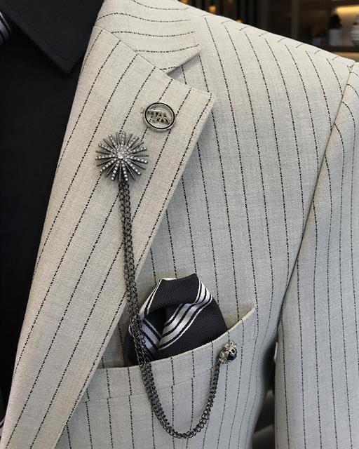 İtalyan stil slim fit keten karışımlı çizgili ceket pantolon takım elbise gri T9370