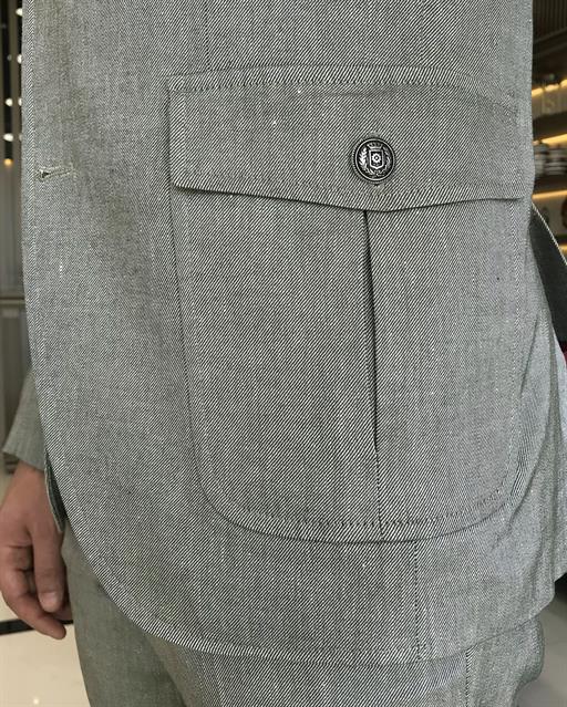 italyan stil slim fit keten pamuk karışımlı safari ceket pantolon takım elbise haki T9574