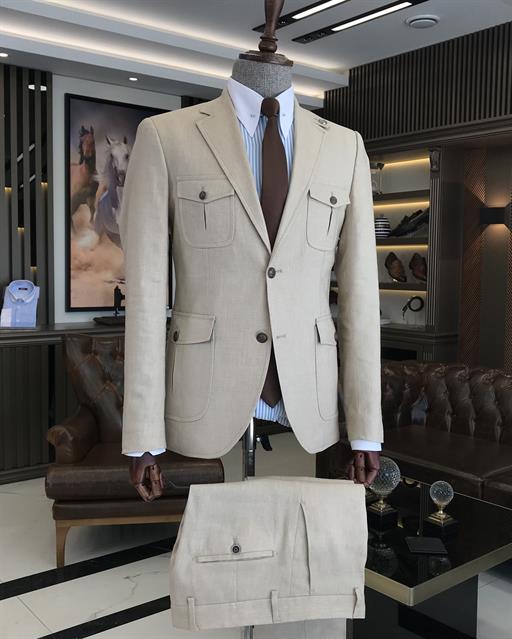 italyan stil slim fit keten pamuk karışımlı safari ceket pantolon takım elbise bej T9573