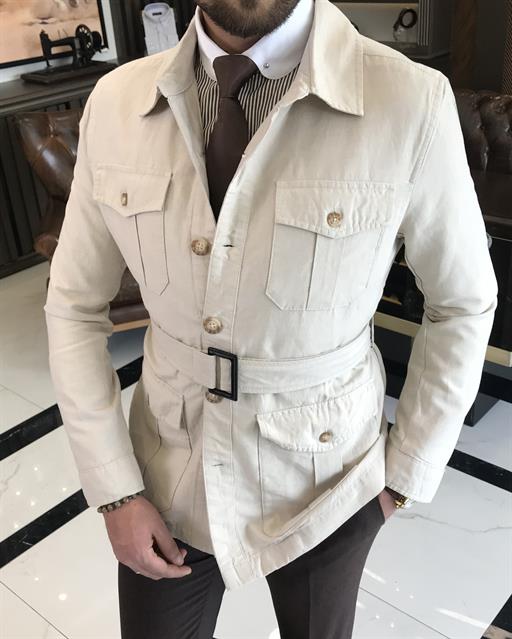 Italian style slim fit linen cotton blend shirt collar mens trench coat beige T9602