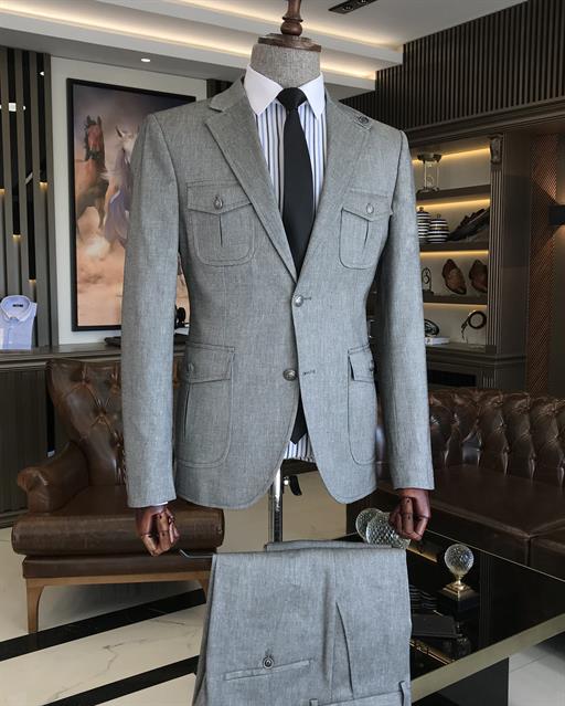 italyan stil slim fit keten pamuk karışımlı safari ceket pantolon takım elbise gri T9572